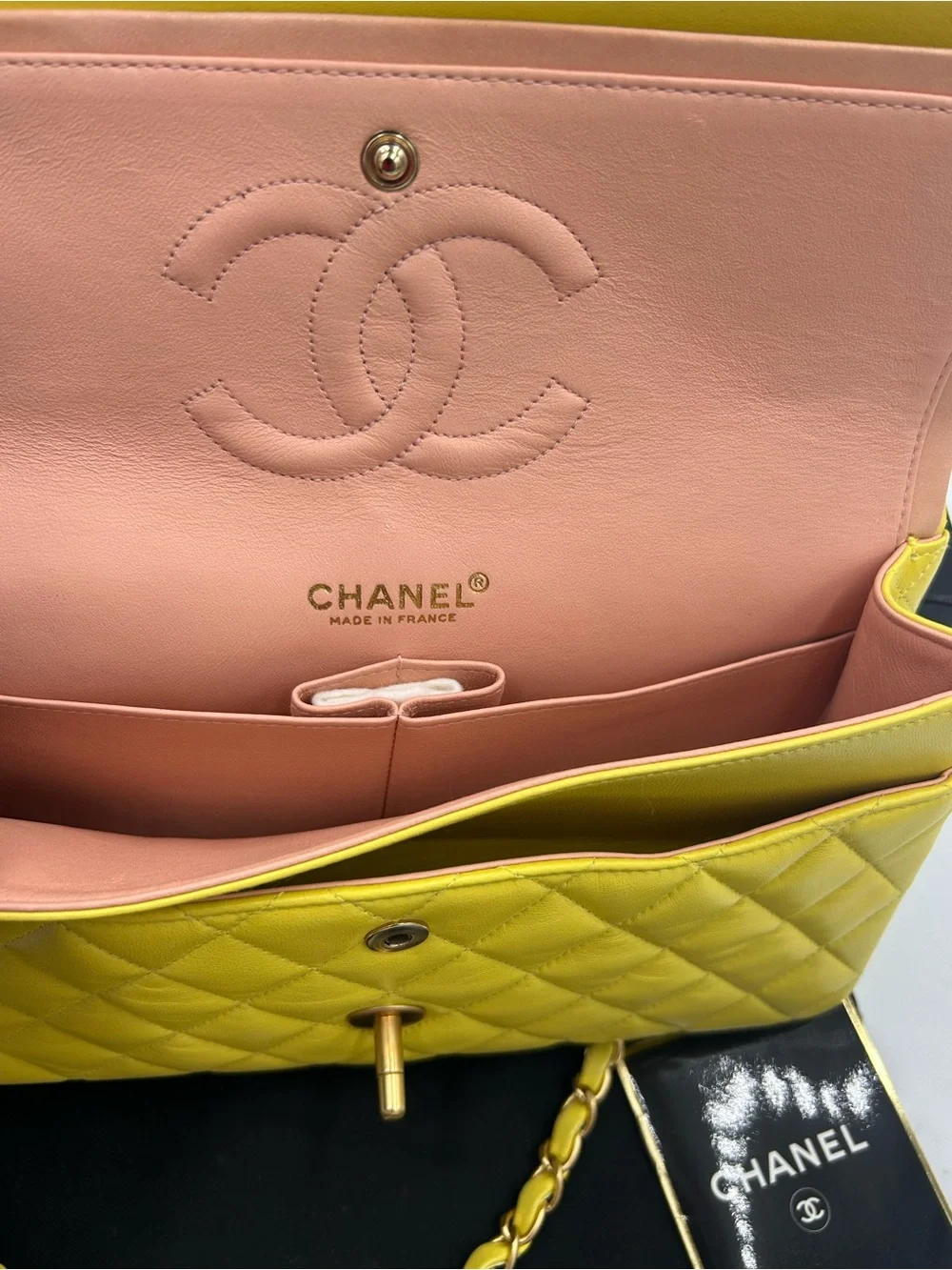 Women's Chanel Classic Quilted double Flap Bag in Yellow with Gold Hardware